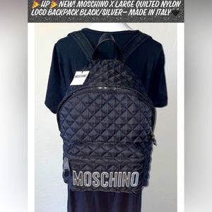 🎉HP🎉New! Moschino XLarge Quilted Nylon Logo Backpack Black/Silver Made Italy🖤